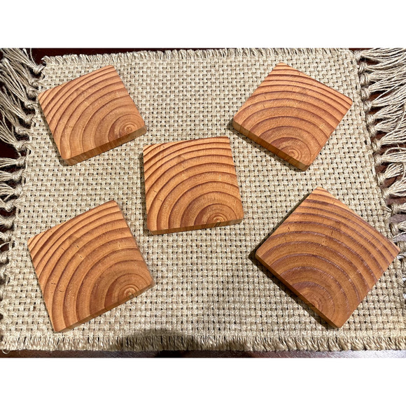 Handmade Wooden Coasters Brown Hue 4x4" Set of 5 Rustic Farmhouse - Picture 1 of 11